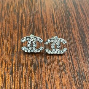 Double Interlocking C Silver and Crystal Stud Earrings
